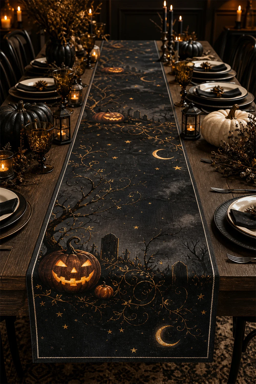 Midnight Pumpkin Cemetery Table Runner Gothic Tree Moon Star Dining Room Decor Home Decoration Party Gift Classic Design