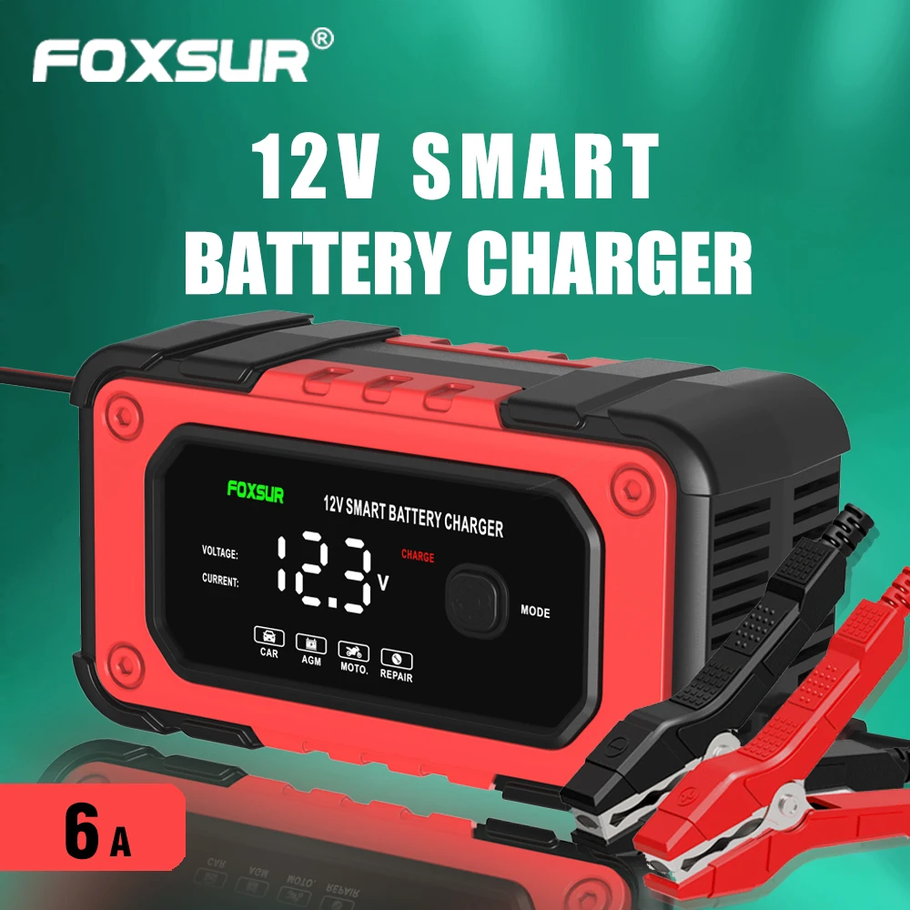 

FOXSUR 6A 12V Car and Motorcycle Charge Protector, Smart Mode Adjustment Full Motion Display Charger, Real Time Data Look Safe