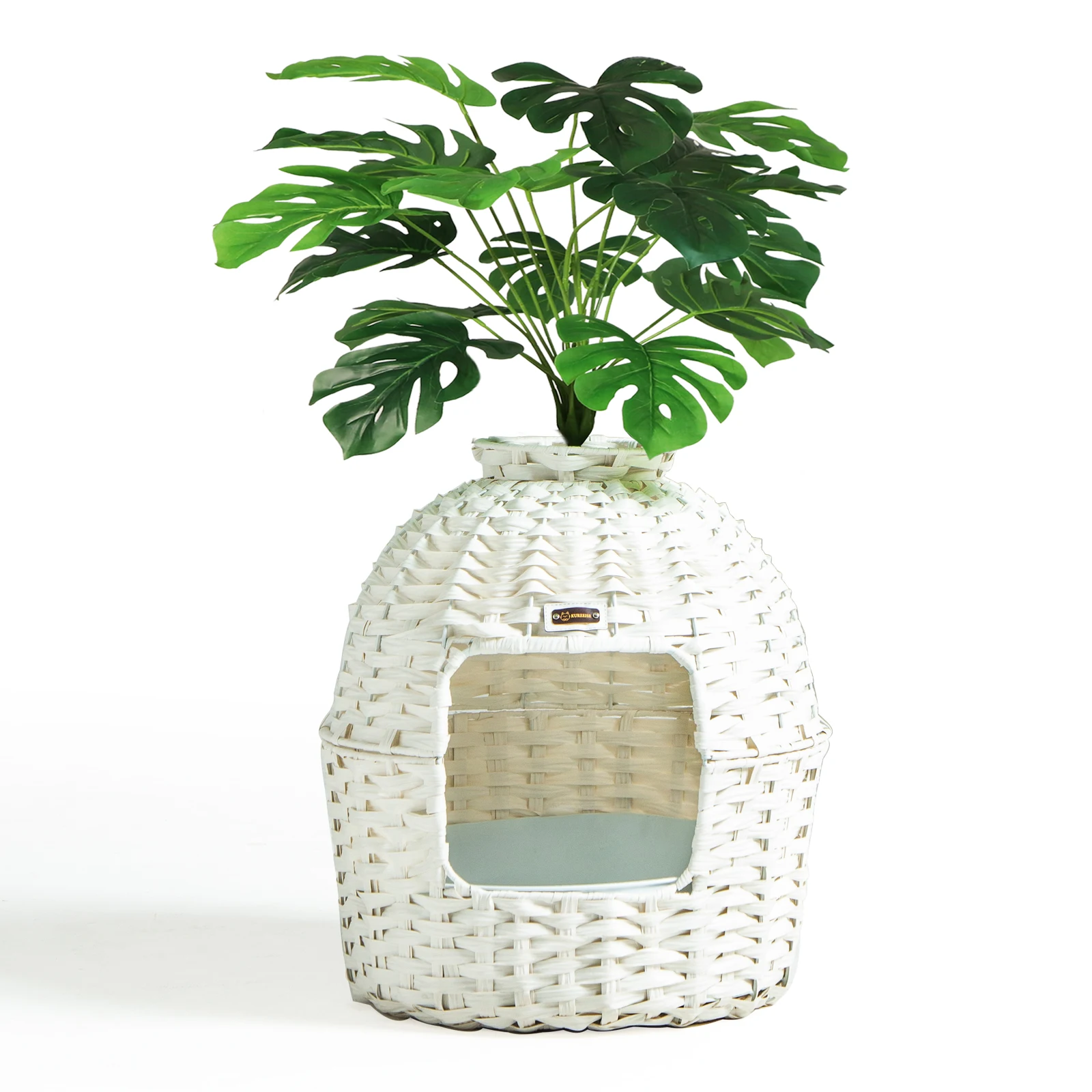 

Enclosure Hidden Box Furniture With Artificial Plants Handwoven Rattan Cat House Cat Box