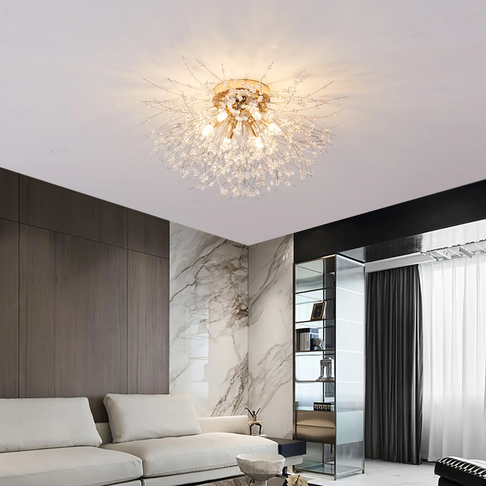 

Modern Dandelion Crystal Ceiling Light 6 Heads G9 LED Flush Mount Chandelier Minimalist Warm Home Bedroom Lighting Decor Gold