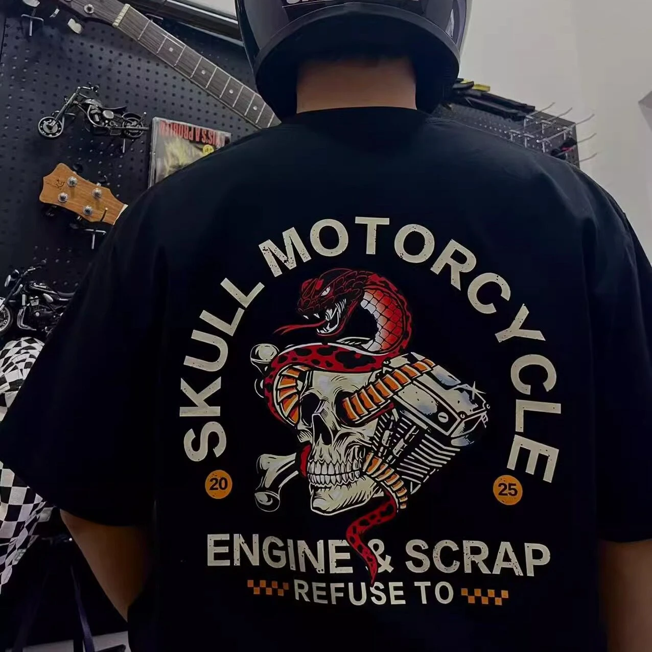 Skeleton Snake Plate Scrap Motorcycle Engine American Vintage Motorcycle Men and Women Cotton Round Neck Short Sleeve T-shirt