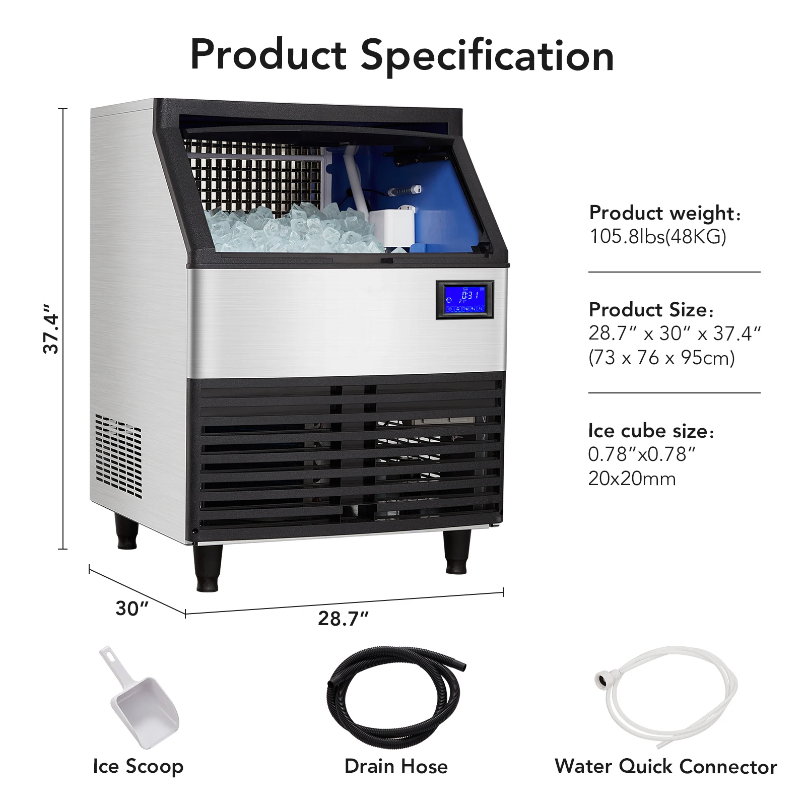 Commercial Ice Maker,176LBS/24H Stainless Steel Under Counter Design, LCD Screen Display,with 99lbs Ice Storage Capacity