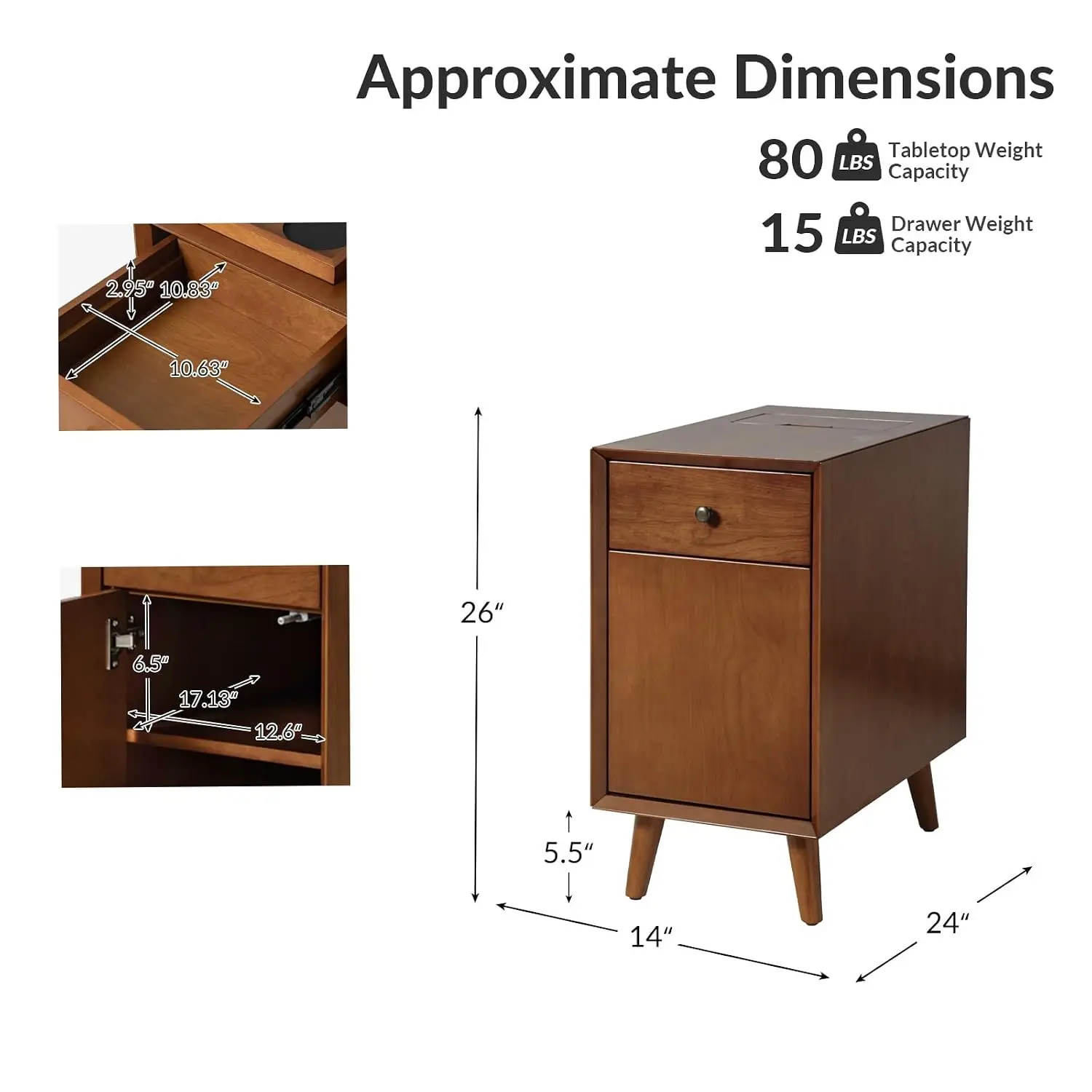 Mid Century End Table 2pcs With Charging Station, USB & Outlets, Narrow Side Table With Cup Holder & Rack, Customized