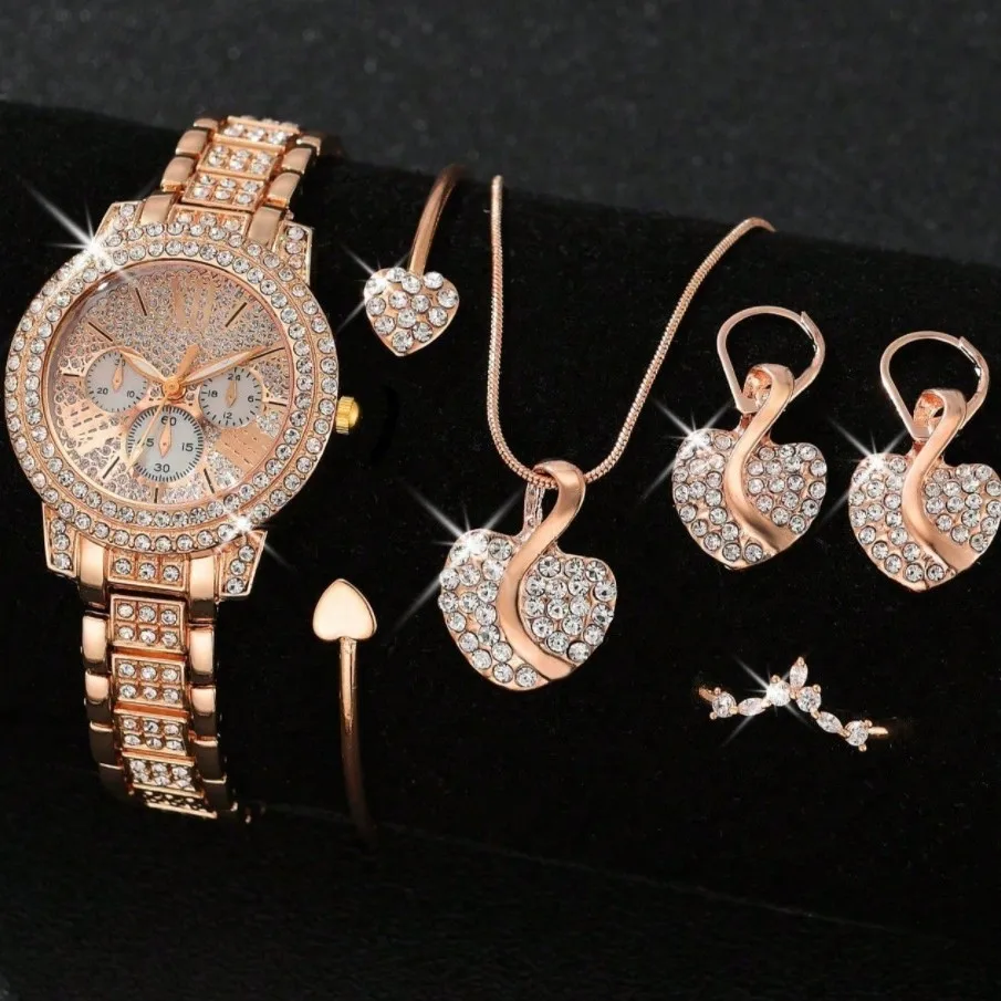 Affordable and high-end feel! Rose gold watch+necklace, earrings, ring, bracelet set