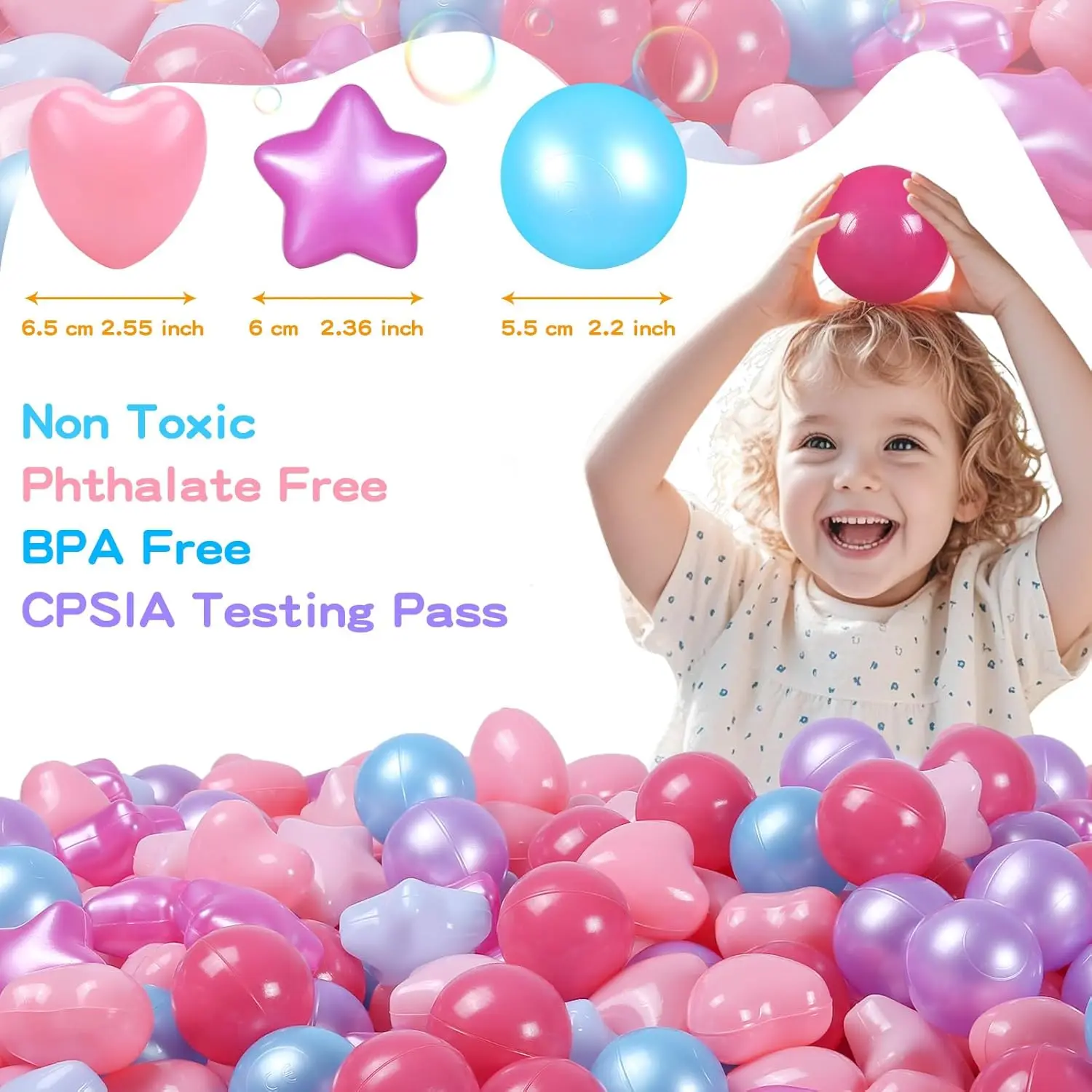 볼풀 공 200개 보라색 파란색 분홍색, 유아용 플라스틱 공 프탈레이트 무첨가 BPA 무첨가 파손 방지 공 재사용 가능한 놀이 장난감