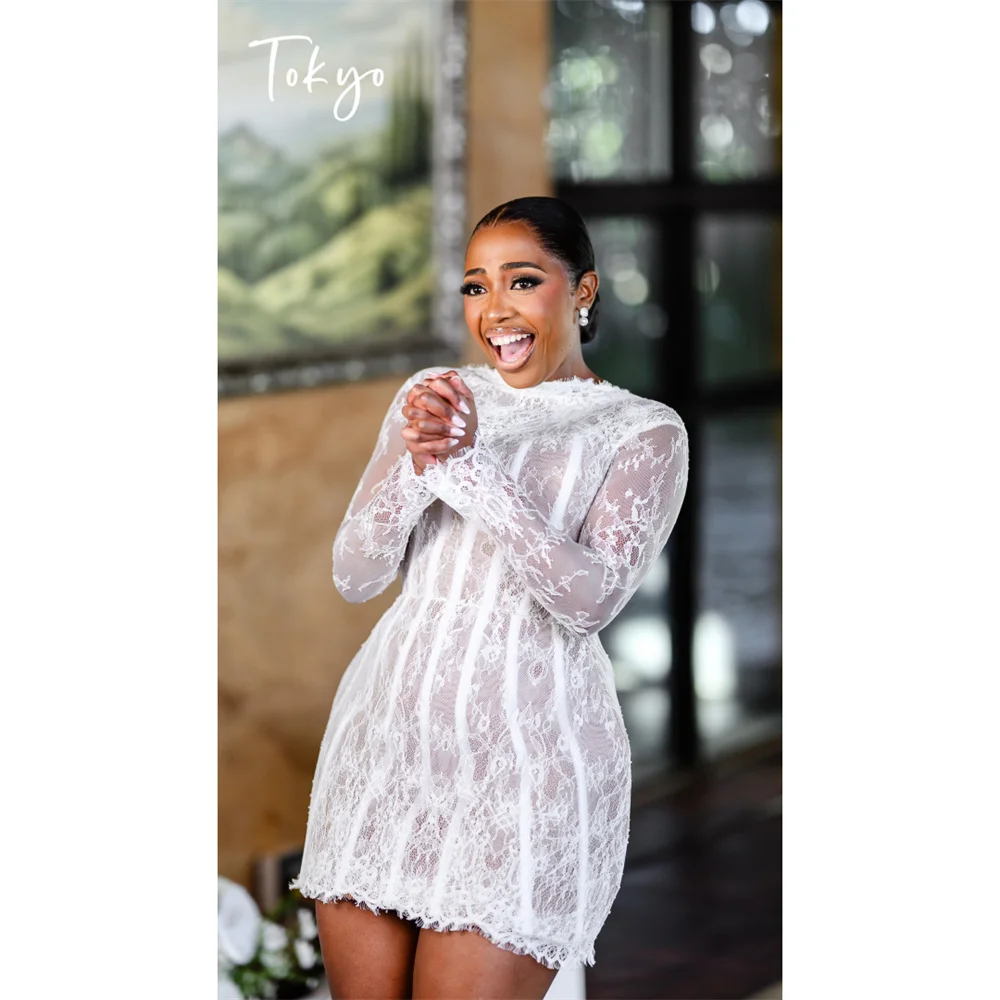 

Tokyo Elegent Long Sleeve White Lace Cocktail Dress Slim Fit Sheer Mesh Bridal Shower Sexy Bodycon Night Out Mini Dress 2026