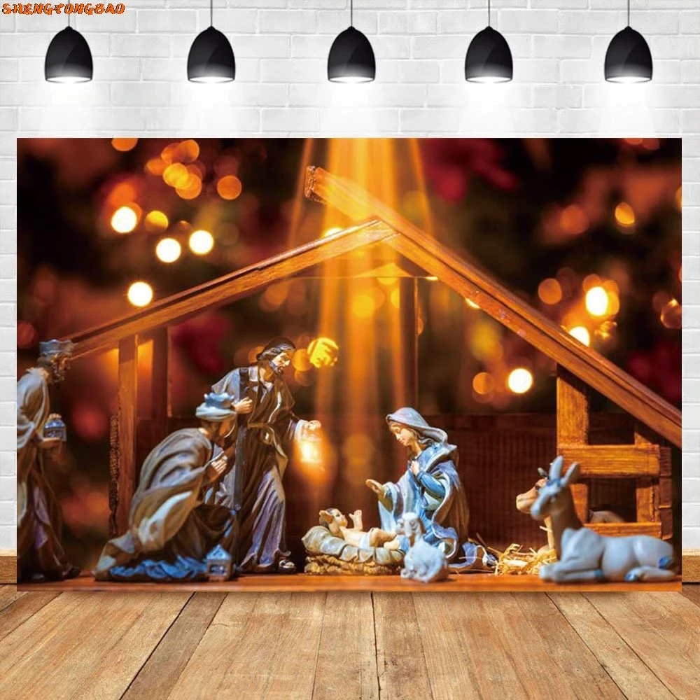 Jesus Birth Nativity Scene Old Wood Shepherd Merry Christmas Party Decor Pattern Photo Background Photographic Backdrop