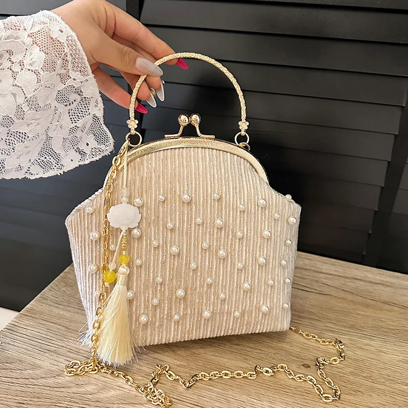 

New Chinese Style Seashell Evening Bags Classic Simple Pearl Tassel Small Handbag Clutches For Women Gold Chain Shoulder Bags