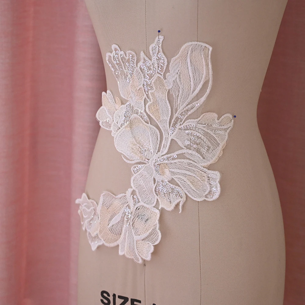 1 sztuka biały szampan koronki aplikacja cekiny dekoracji hafty łaty ślubne naprawy 32*23CM