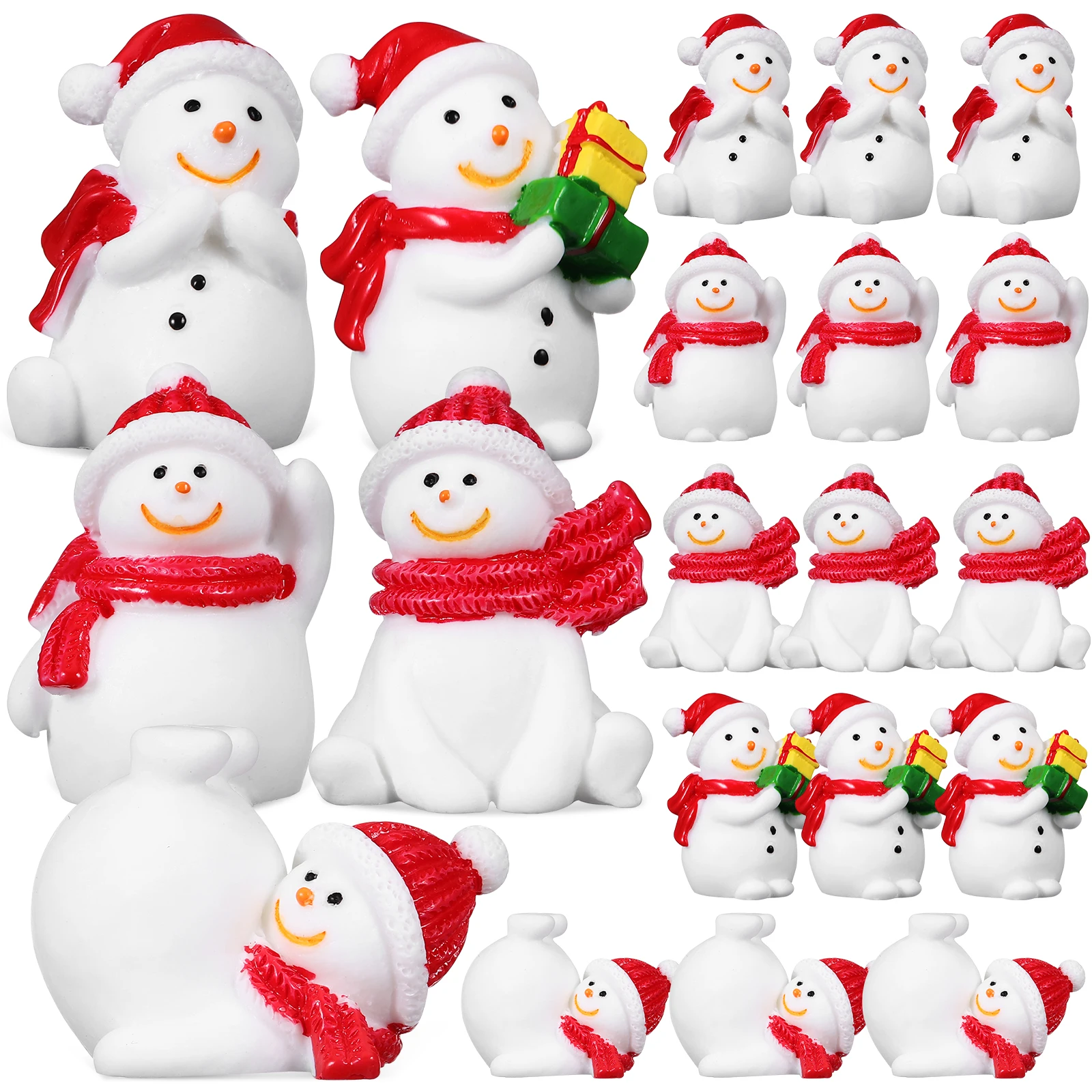 

20 Pcs Mini Snowman Figurines Resin Christmas Decor Different Styles Knitted Hats Gift Holding Home Party New Year Birthday