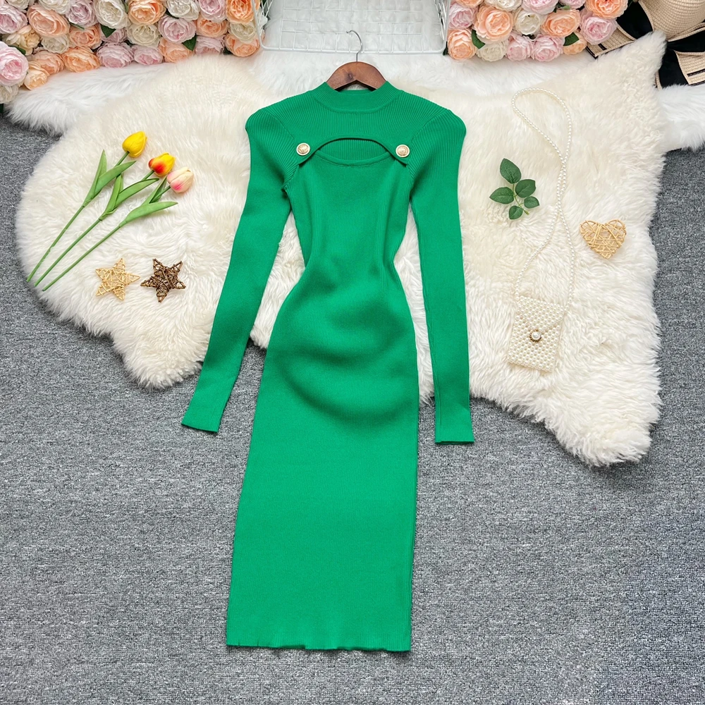 YuooMuoo Chic Mode Sexy Wrap Hüften Gestrickte Mini Kleid 2025, Ins Heiße Frauen Aushöhlen Brust Bodycon Pullover Kleid Party Vestidos