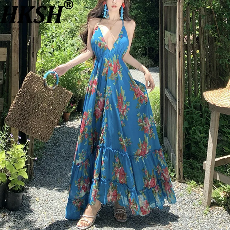 

HKSH Summer New Women's Vacation Style Sexy Stylish Vintage Fashion Printed V-neck Halter Neck Backless Draped Long Dress HK7811