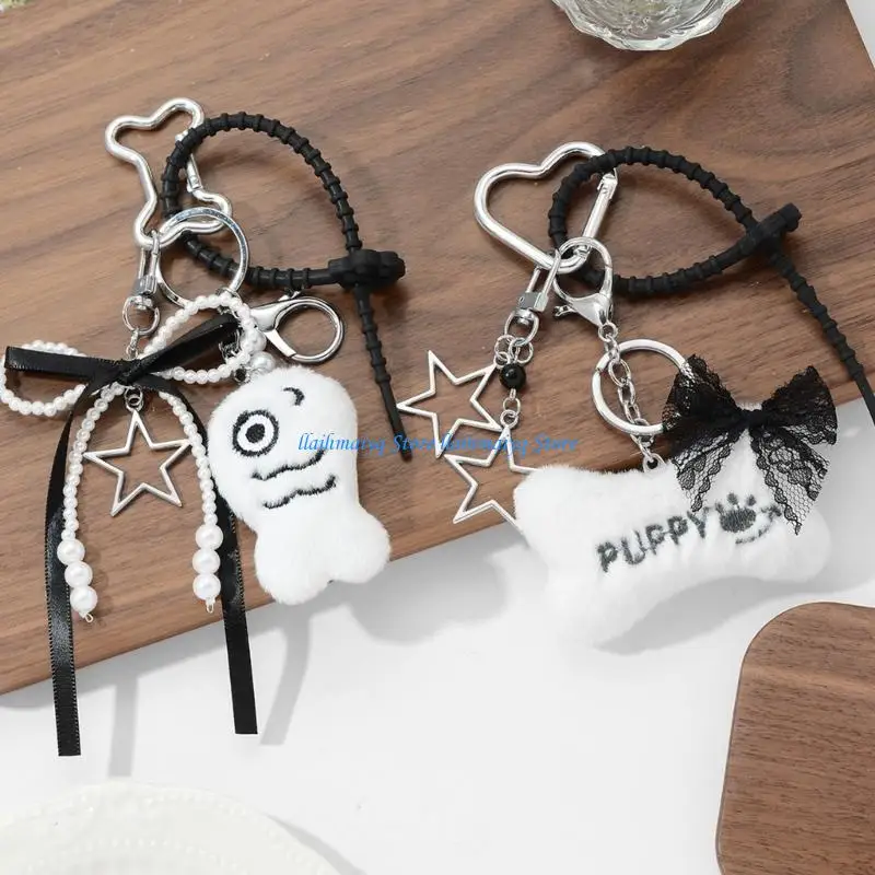 573B Fashion Everyday Plush Bone and Fish Keychain Charm Star Pattern Accessory
