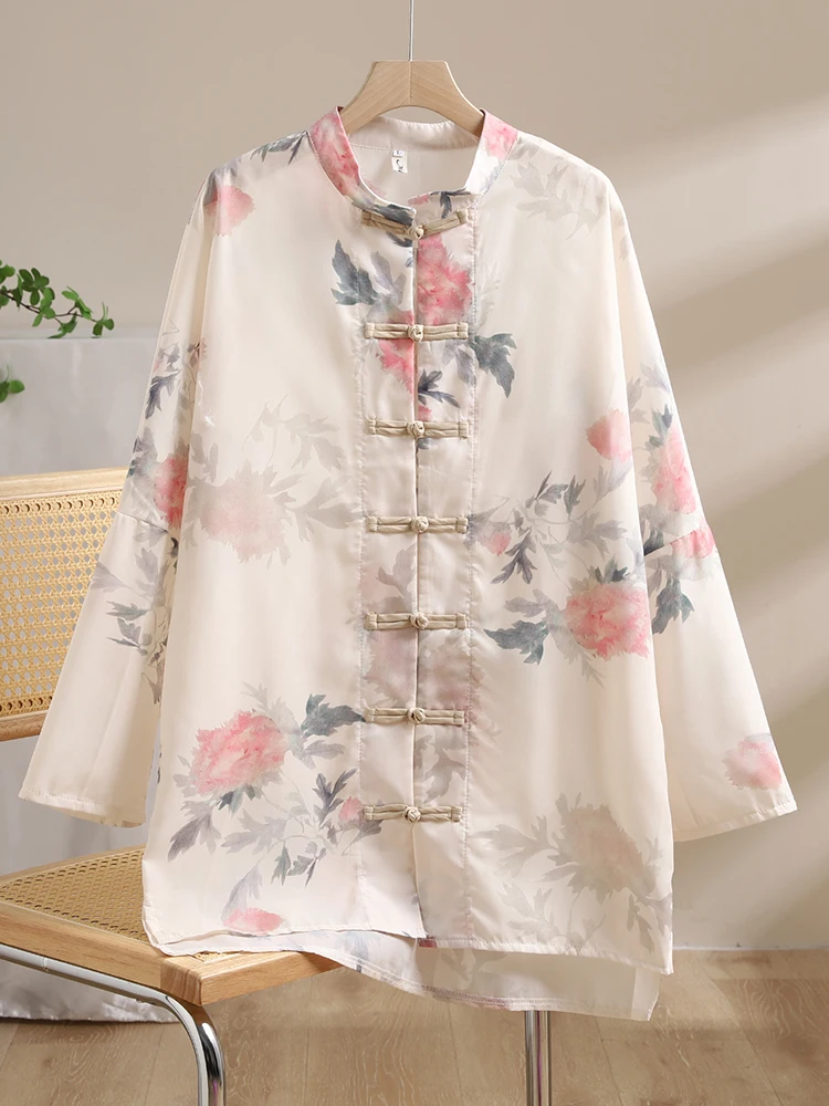 

New Chinese Sle Printed irt Large Size Women's Spring Mid-Length Button-Up Stand Collar Open Cardigan Top Floral Design