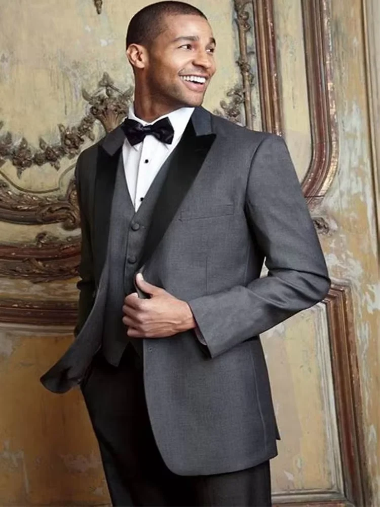 

Men's slim fit three piece double button lapel tailcoat (jacket+vest+trousers) groom's wedding business casual formal attire