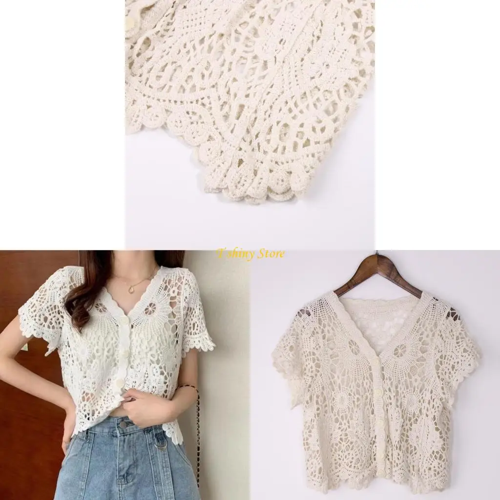 

N58F Women Summer French Short Sleeve Lace Shrug Hollow Out Crochet Knit Bolero Cardigan V-Neck Button Down Sheer Crop Top