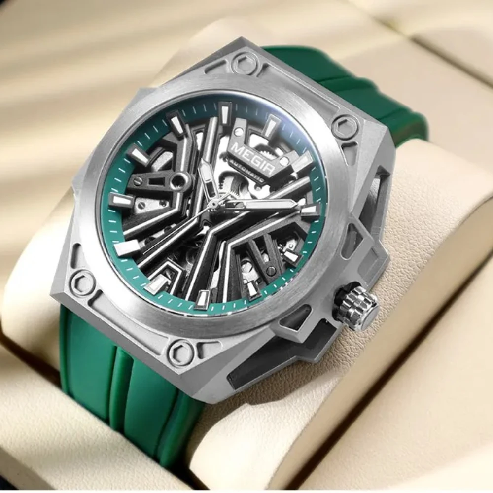 

MEGIR 8603 модные автоматические часы для мужчин, военные спортивные водонепроницаемые механические часы со скелетонизированным циферблатом и силиконовым ремешком для мужчин
