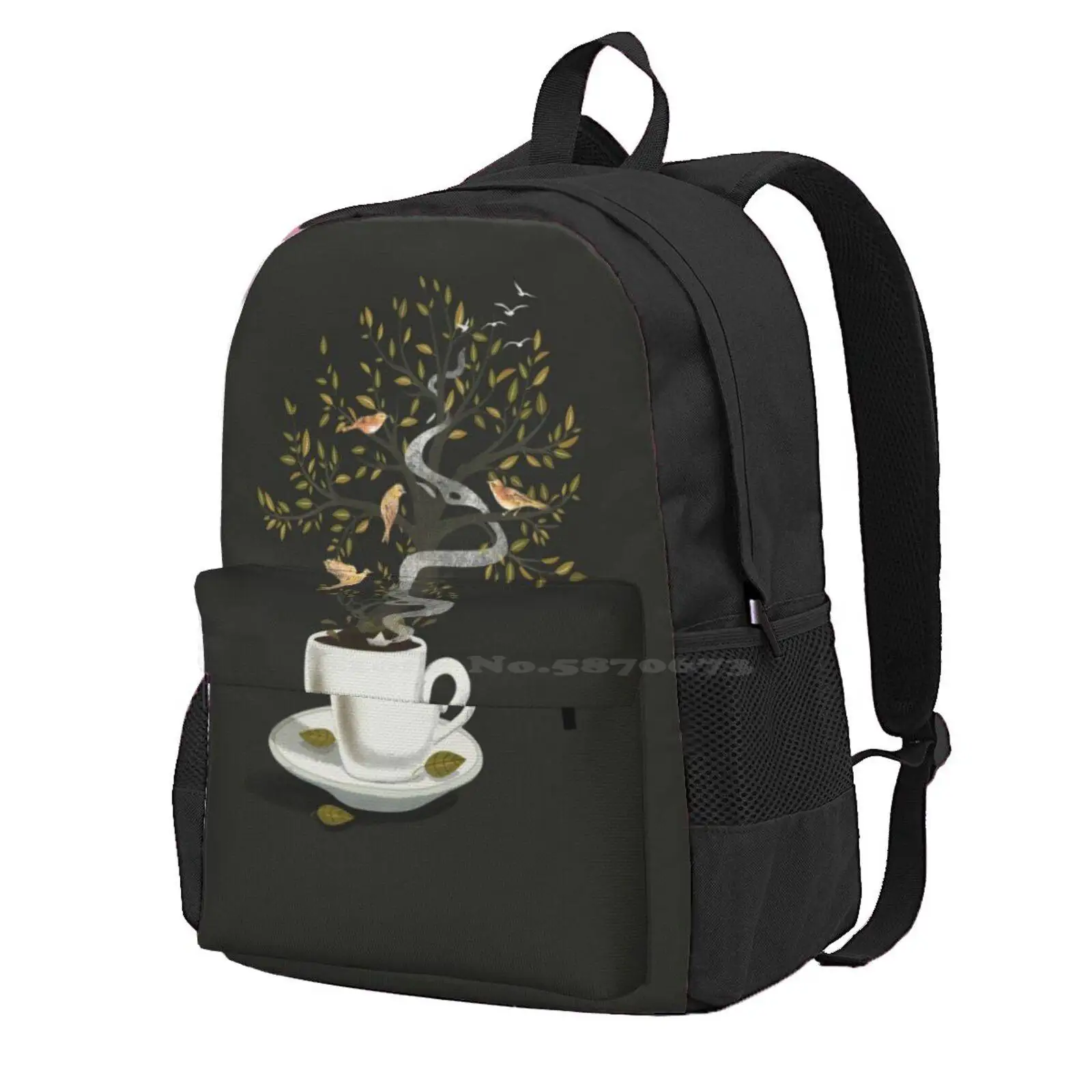 A Cup Of Dreams Hot Sale Schoolbag Backpack Fashion Bags Coffee Dreams Nature Surrealism Birds Trees Cup Tea Time Smoking Black