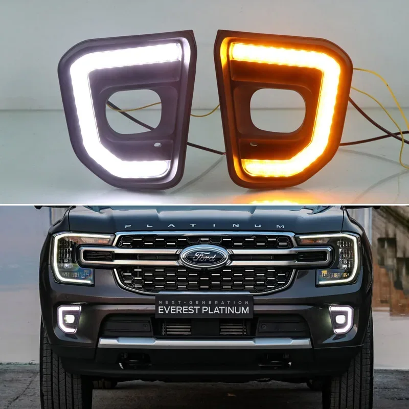 Car LED DRL 12V Daylights For Ford Everest 2022 Yellow Turn Signal Daytime Running Headlamps Auto Driving Lamp Foglamps