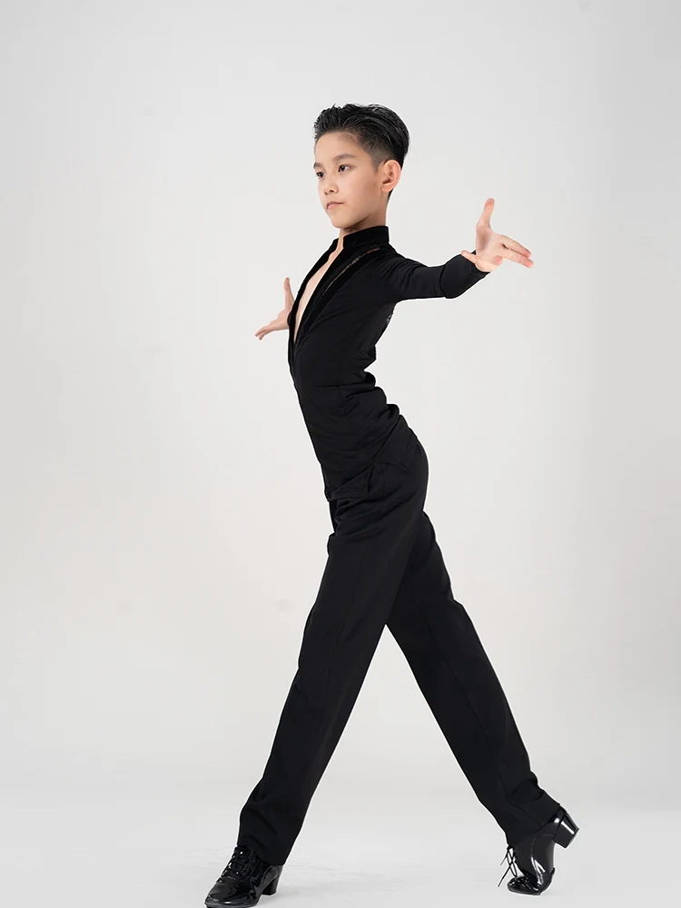 2024 New Boys Latin Dance Costume V-Neck Long Sleeve Shirt Pants Ballroom Dance Competition Clothes Tango Dance Outfit VDB8223