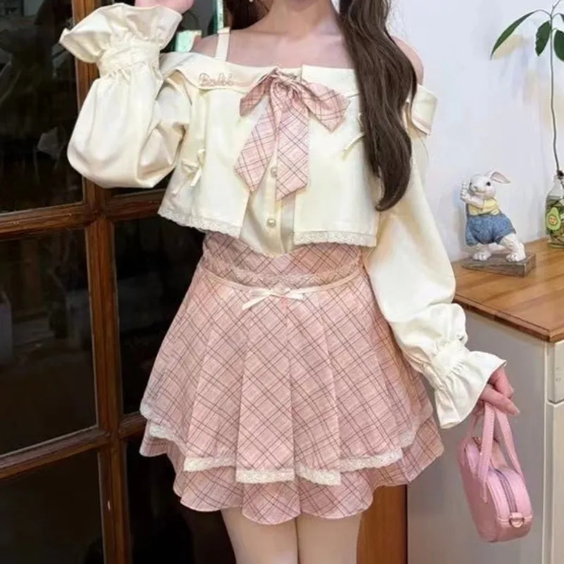 

Women Sweet Bow Off Shoulder Tops + Plaid A-Line Mini Skirt Kawaii Y2k Cute Outfit Japanese Elegant Fashion Two Piece Sets New