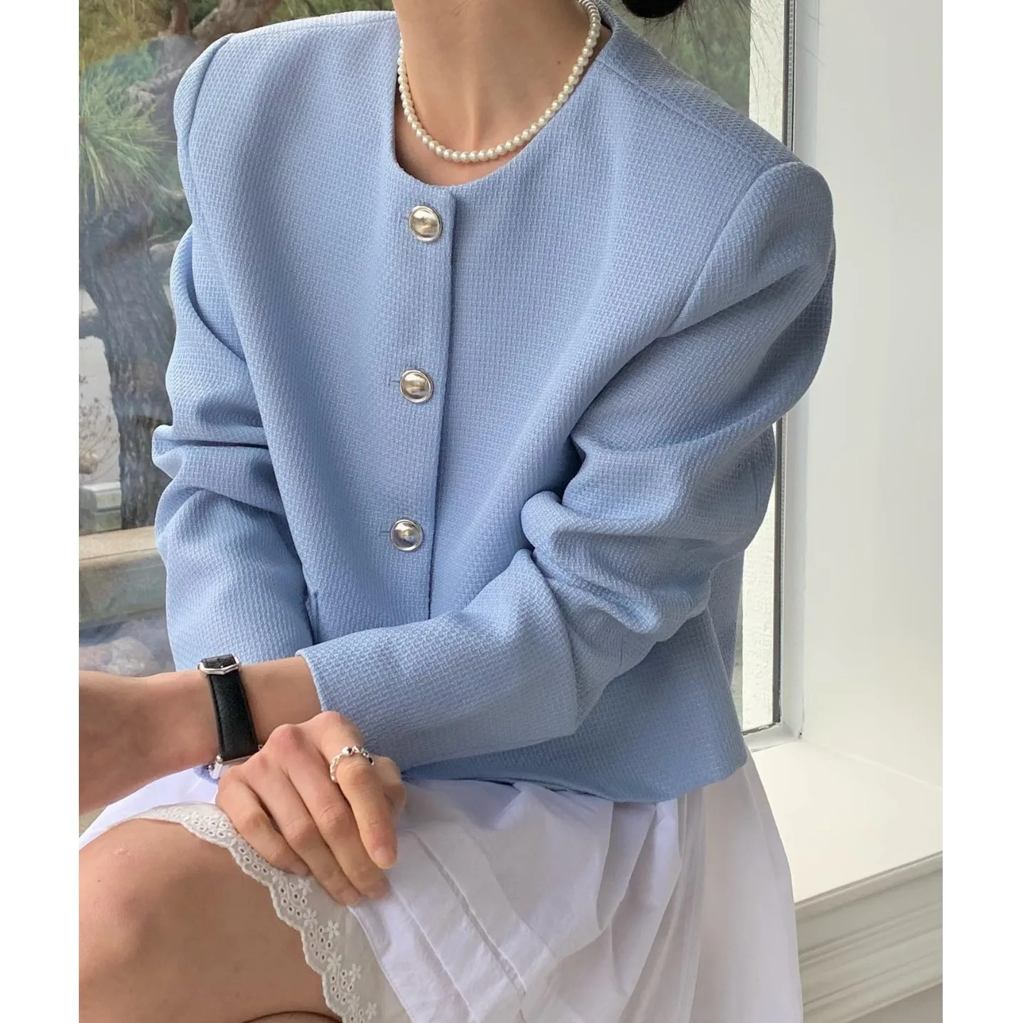 

Синий шикарный свободный длинный све круглый женский костюм на одной пуговице Jaet Универсальный открытый кардиган в Корейском стиле Весна Осень W...