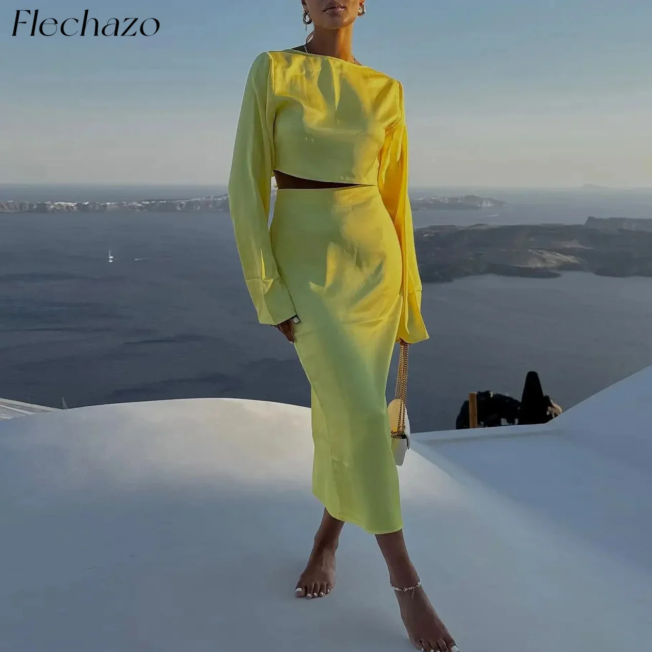 

Flechazo Yellow Evening Dresses Two Piece O Neck Tea-Length Simple Party Daily Dress For Women 2024 vestidos de noche