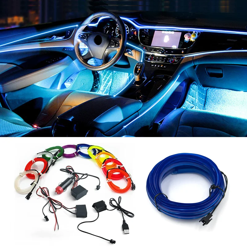 

1M/2M/3M/5M Ambient Car Lighting Flexible Tube Rope Lamp EL Wire Neon Strip Accessories Lights Edge Multicolor Automotive Auto