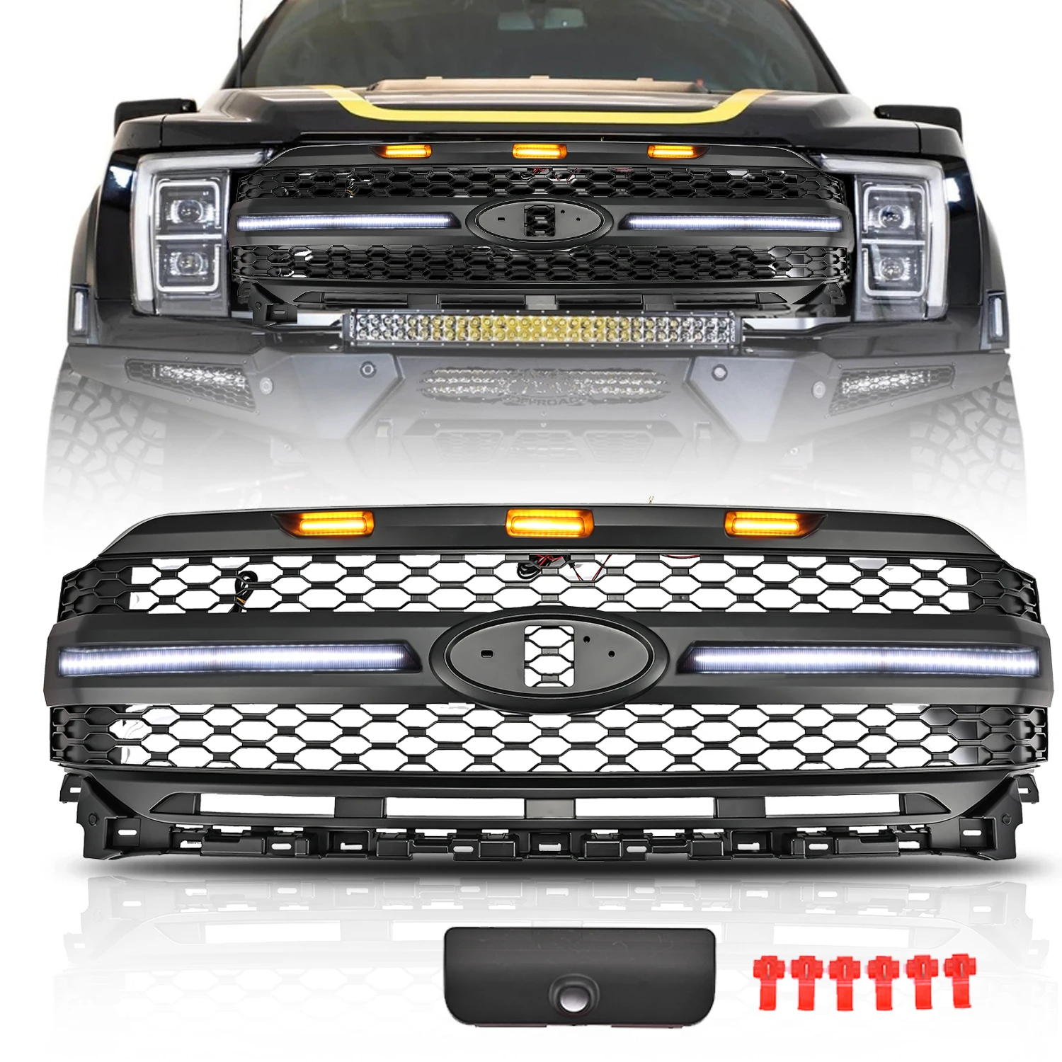 1PCS Front Grille with Amber Sequential Light & White DRL Light Turn Signal  For 2021 2022 2023 SHELBY F150 3 in 1 [Upgraded]