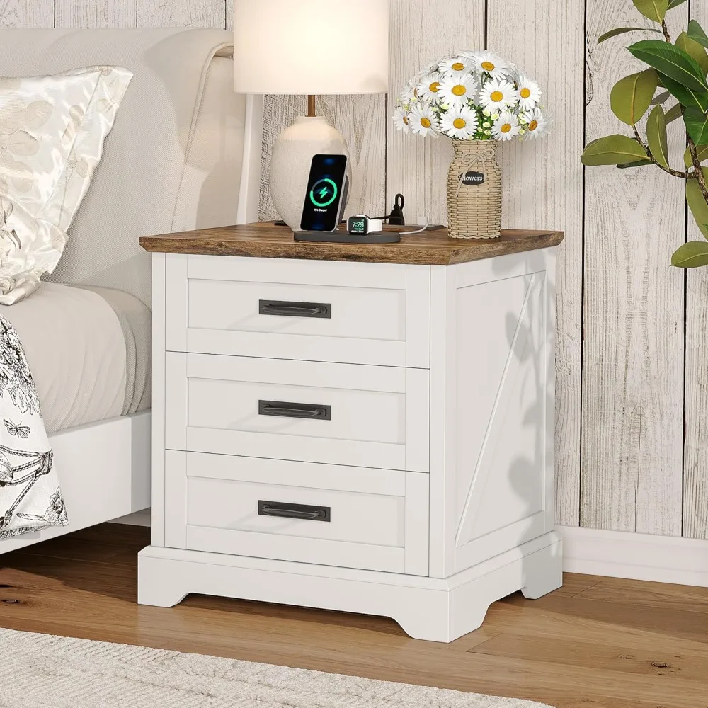 

Farmhouse Nightstand with Charging Station, 3 Drawers Bedside Table, 22 inch Wide End Table for Bedroom, White