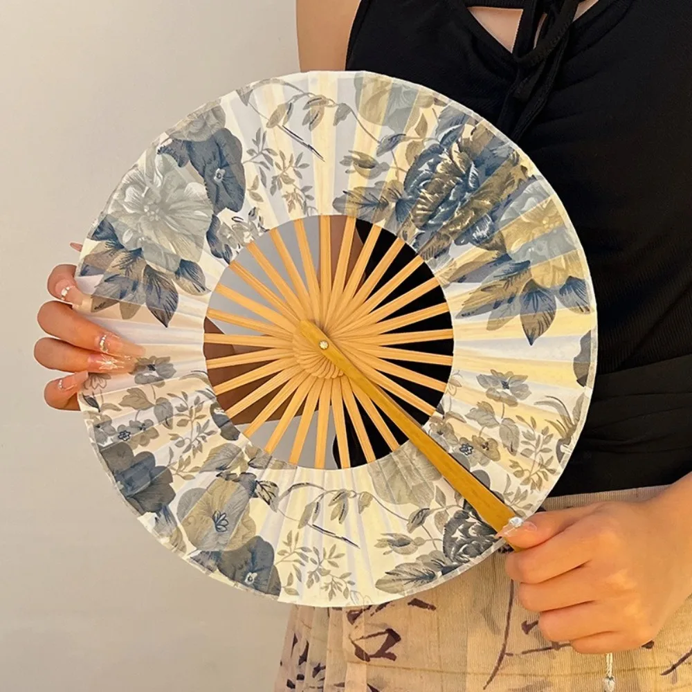 Home Decor Round Folding Hand Fan Bamboo Handle Exquisite Windmill Fan Elegant Classical Chinese Fans Lady
