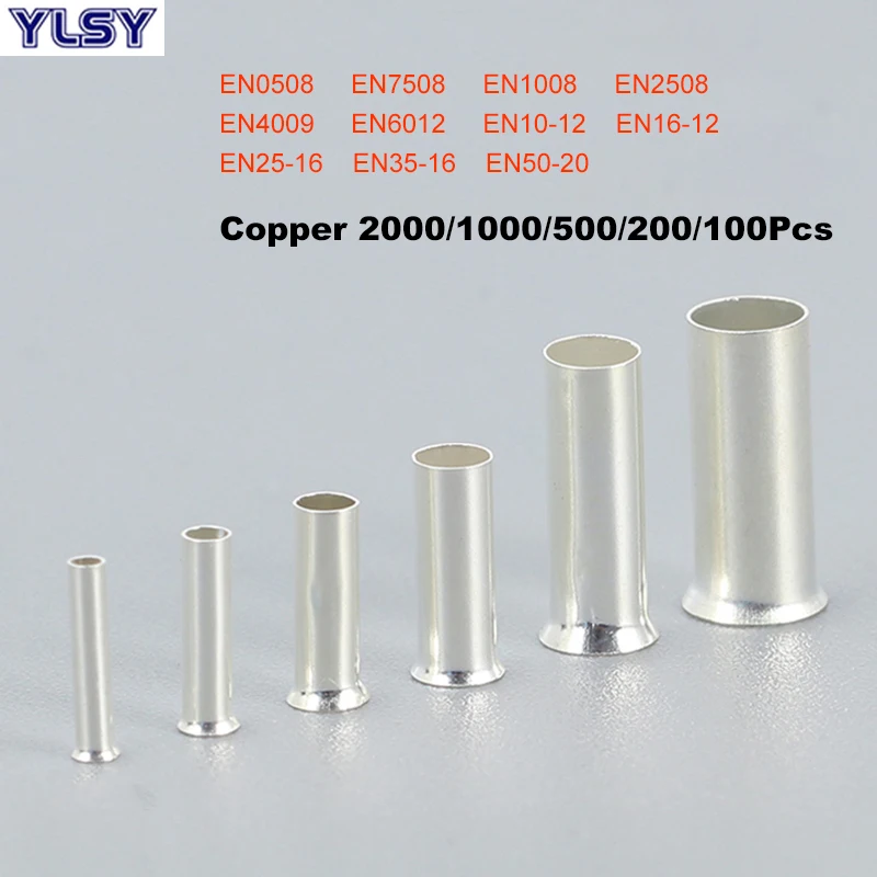 Copper Tube Bare Cord End Terminals Electrical Crimp Naked Wire Connector EN0508~EN50-20 Cable Ferrules 22-1/0AWG 0.5~50mm²