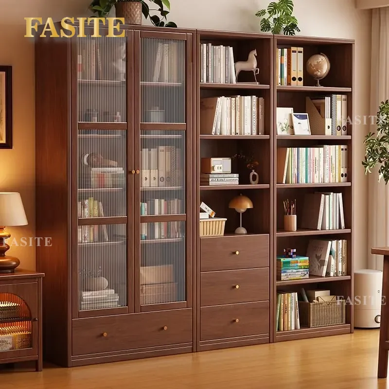 For Solid Wood Floor to Ceiling Bookshelf with Glass Door Modern Simple Multi Layer Display Cabinet Dust Proof Storage Locker