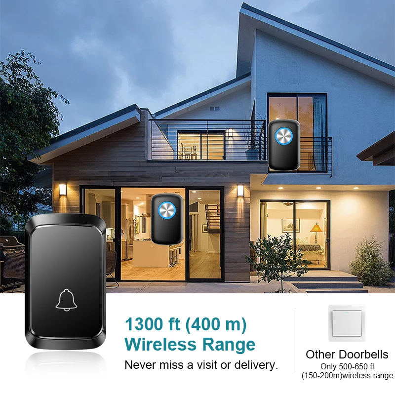 Wireless Doorbell Samrt Home Welcome Door Bell US EU Plug 300M Range 60 Melody 5 Level Volume Door Chime Kit with LED Light