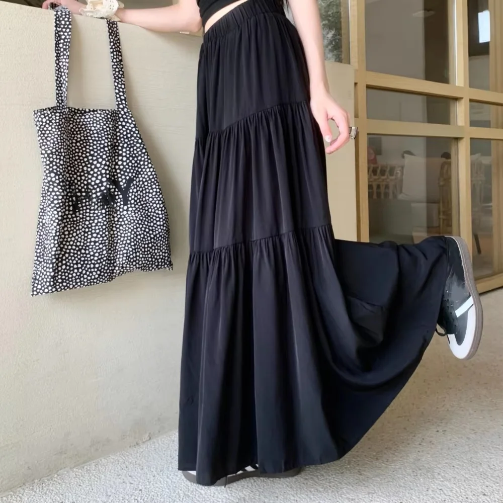 French Style Women Sweet A-line Long Skirt Spring Summer New Princess Cake Skirt Loose High Waist Pure Color Half Skirts