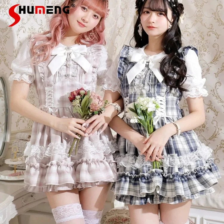 

Japanese Mine Style Round Neck Bow Heart Diamond Buckle Lace Splicing Plaid Dress Elastic High Waist Shorts Two-piece Set Women