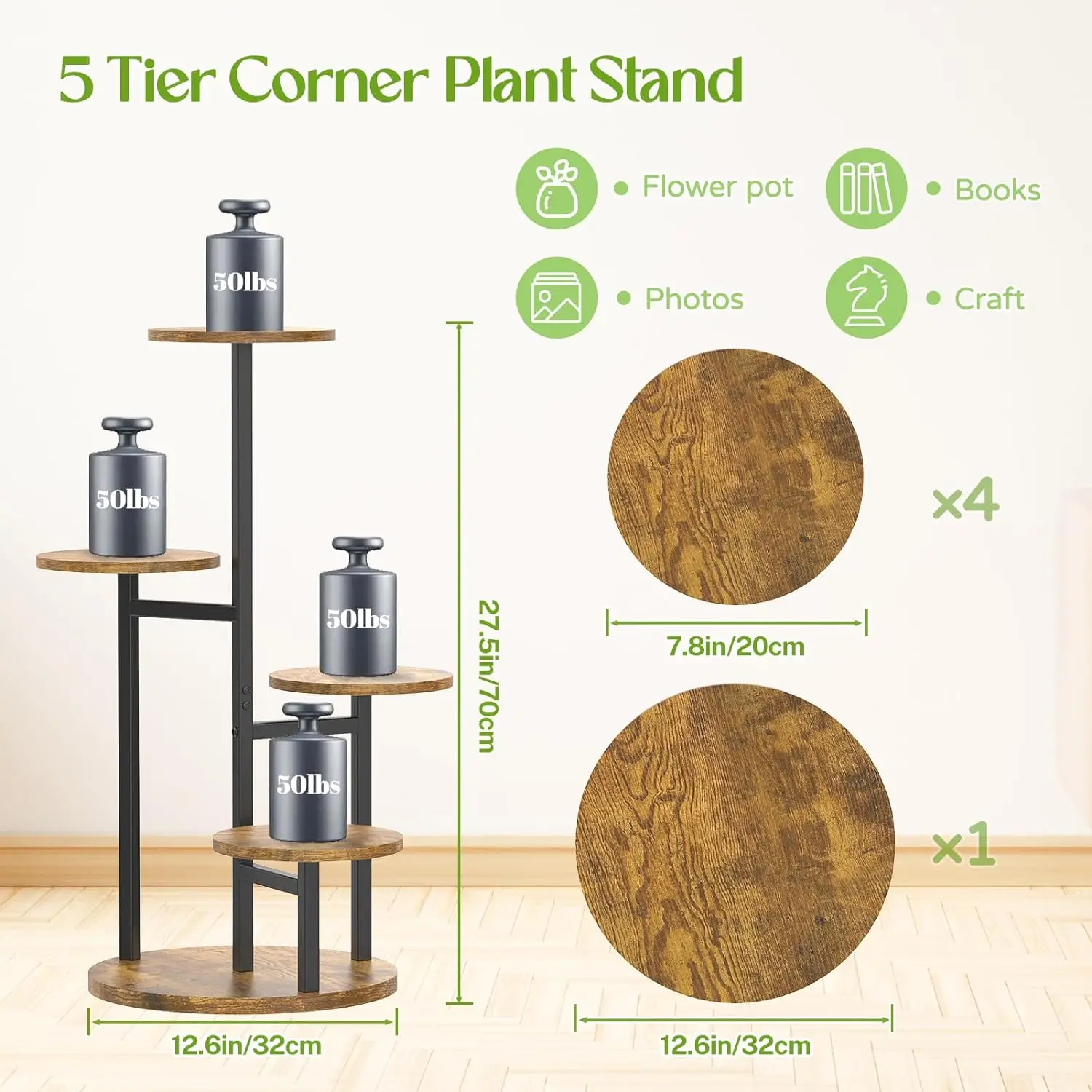 5 Tier Plant Stands Indoor Outdoor Tall, Tiered Metal Wood Corner Plant Shelf Clearance for Multiple Plants, Flower Stand Holder