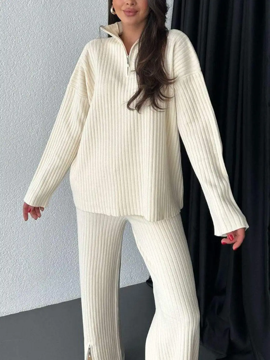 New Winter Women Zipper High Neck Ribbed Two Piece Set Casual Knit Pullover Sweater Warm Tops High Waist Split Wide Leg Trousers