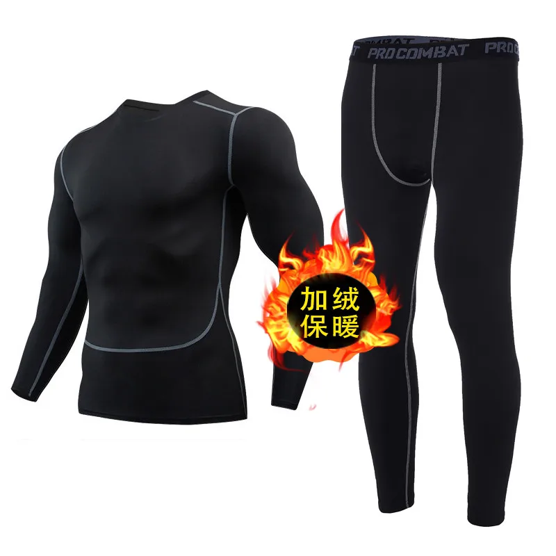 Men Sports Compression Suit Autumn Winter Fleece Lined Quick Dry High Stretch Base Layer Set For Running Training Fitness