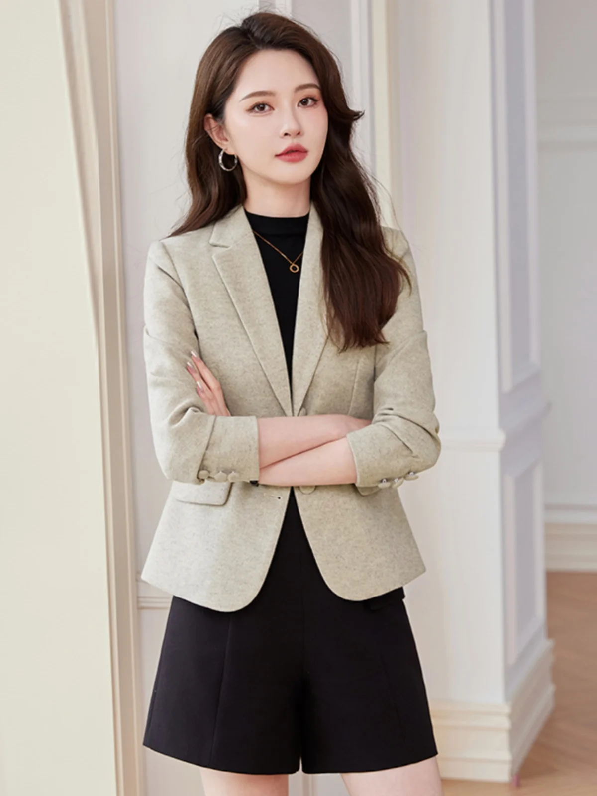 

Женский приталенный костюм Ele Slim Fit для осени и зимы, модный, стильный, для повседневной носки, однотонный, из полиэстера