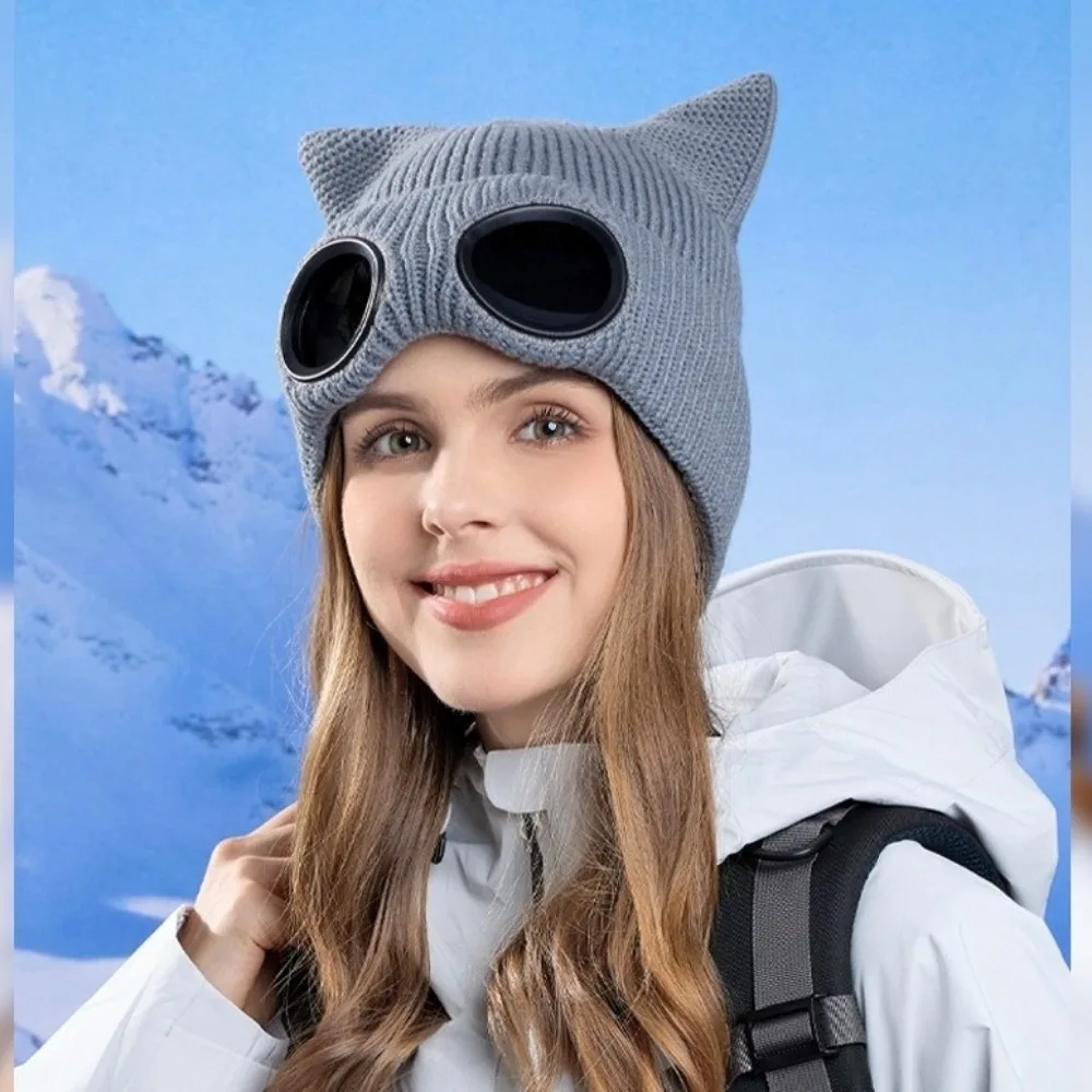 Fashion Warm Winter Beanie Windproof Lining Knitted Goggles Hat Thickened Elastic Ear Protection Hat for Women