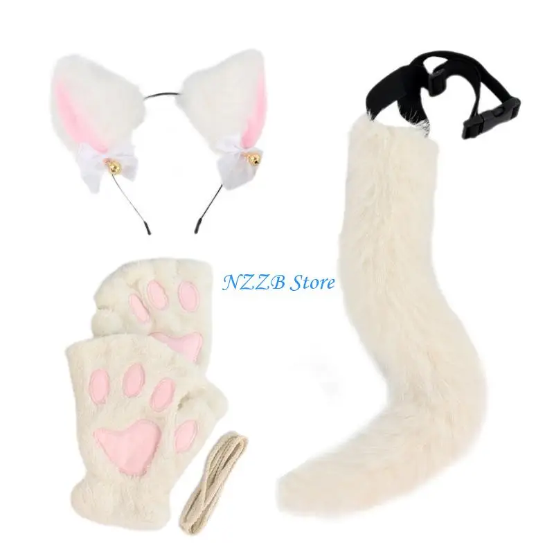 T21F 3PCSハロウィーンキャットヘッドバンド、テール、グローブなどのコスチュームアクセサリー