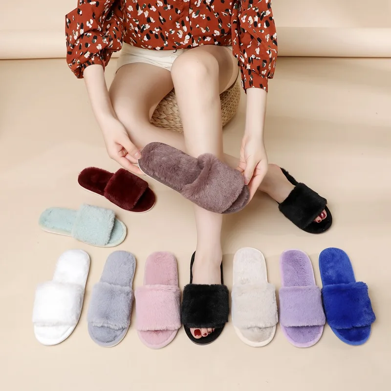 Women Fairy Style Solid Color Fuzzy Slippers  Autumn Plush Open Toe House Shoes For Indoor Air Conditioned Room And Outdoor Wear