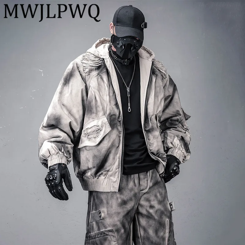 

MWJLPWQ Unique Street Style Dirty Dyed Distressed Hooded Cotton Coats Winter American High Street Loose Padded Tops Trendy 12908