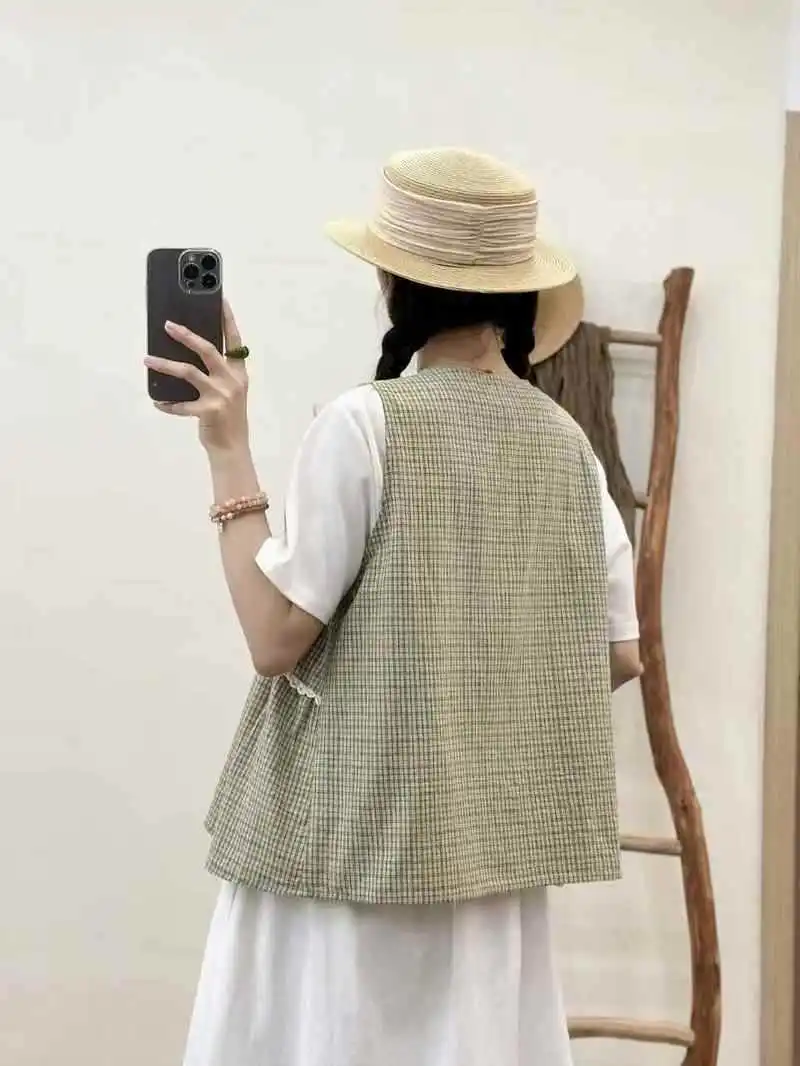 New 2025 Summer Cotton Sleeveless Shirt, Women O Neck Plaid Print Lace Patchwork, Mori Girl French Retro Loose Blouse T55579CC