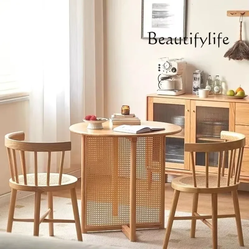 XX Household Small Apartment Round Solid Wood Rattan Dining Table Balcony Coffee Table Negotiation Simple Coffee Shop Table