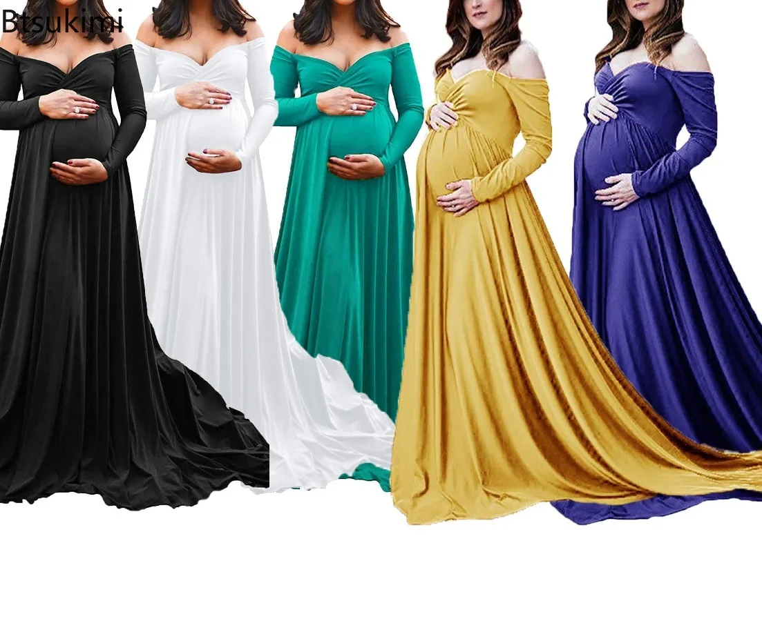 Elegant Maternity Dresses Spring New Solid Color Women Sexy V-neck Long Sleeve Trailing Dress Pregnancy Photography Shower Dress