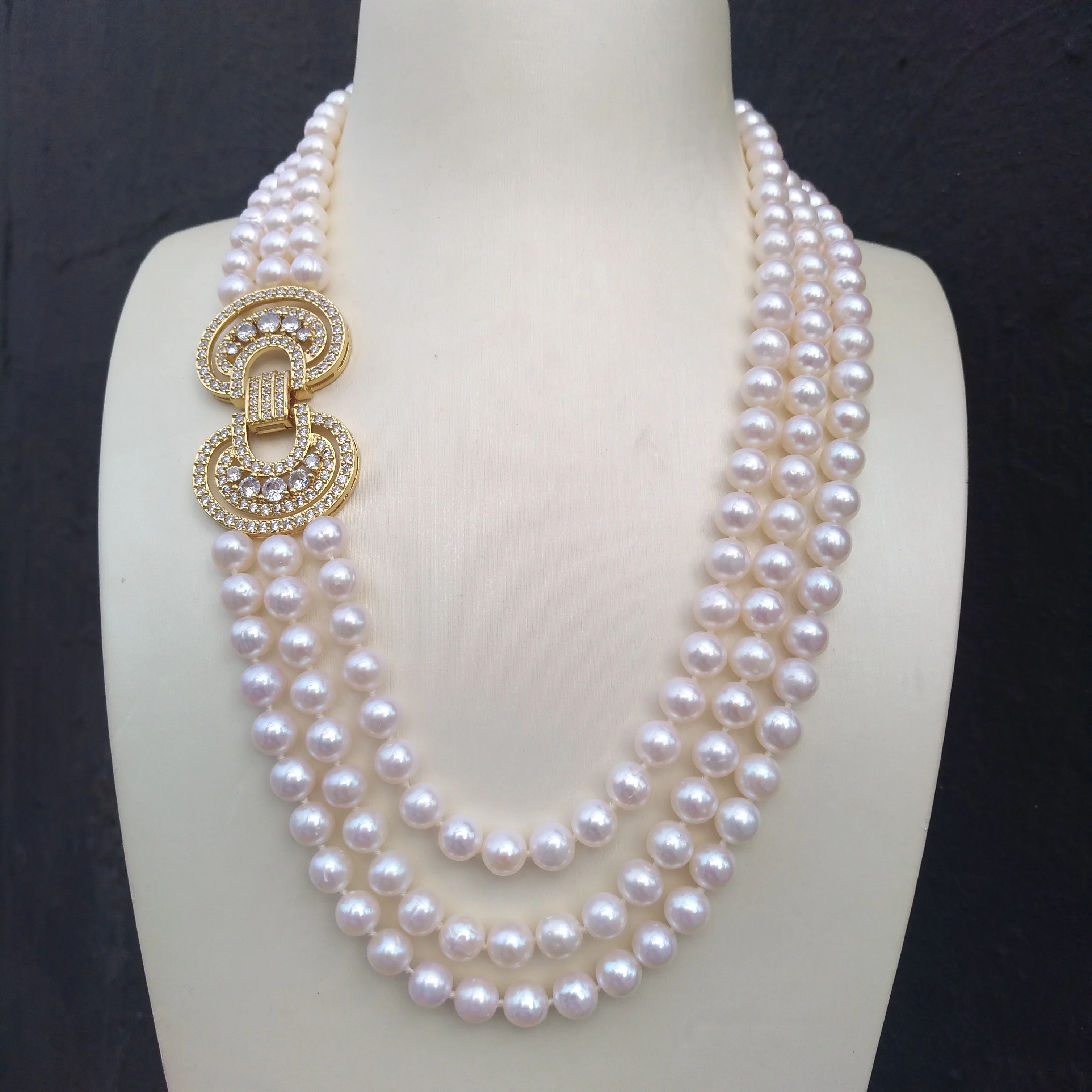 Excellent 3 Rows 8-9mm Natural South Sea White Real Pearl Necklace 17-19in Big Clasp Apply Any Occasion