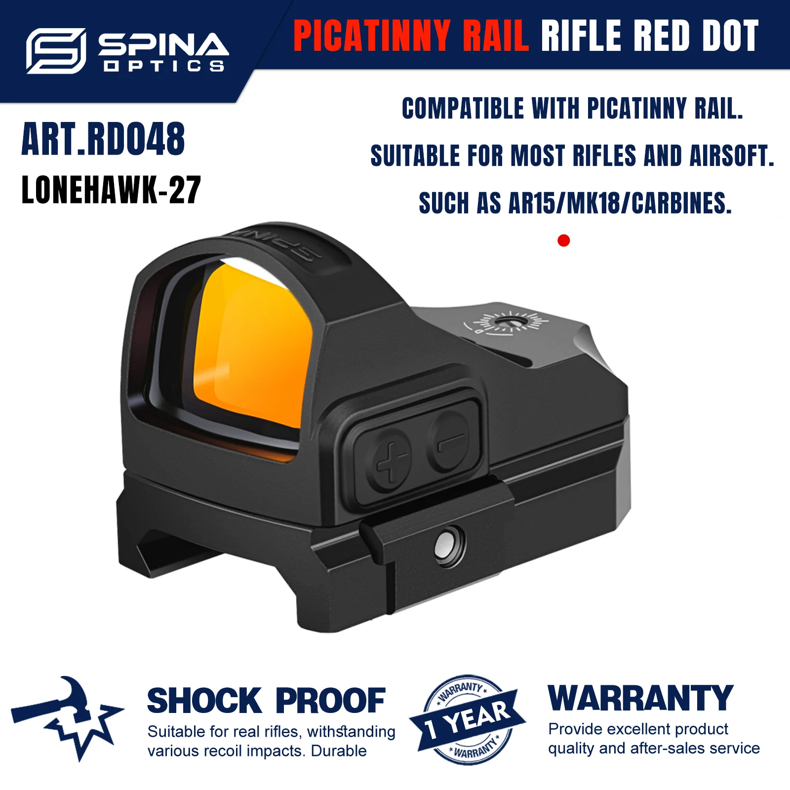 

SPINA OPTICS Lone Hawk LH-27 Red Dot Scope Optic Sight Hunting Waterproof AR15 MK18 Carbines Sight Armed .223 5.56 .308 7.62