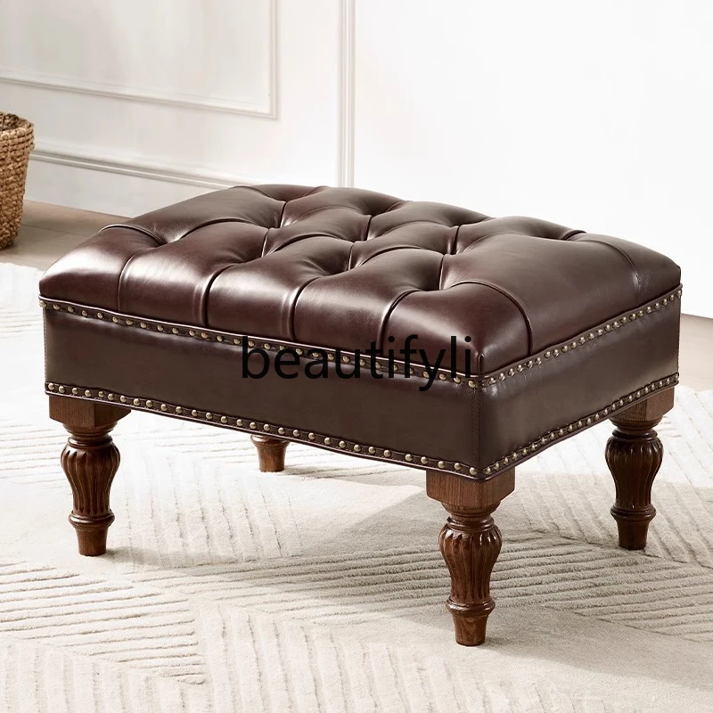 American country sofa pedal oak all solid wood real first layer cowhide European style bedside cloakroom shoe changing stool